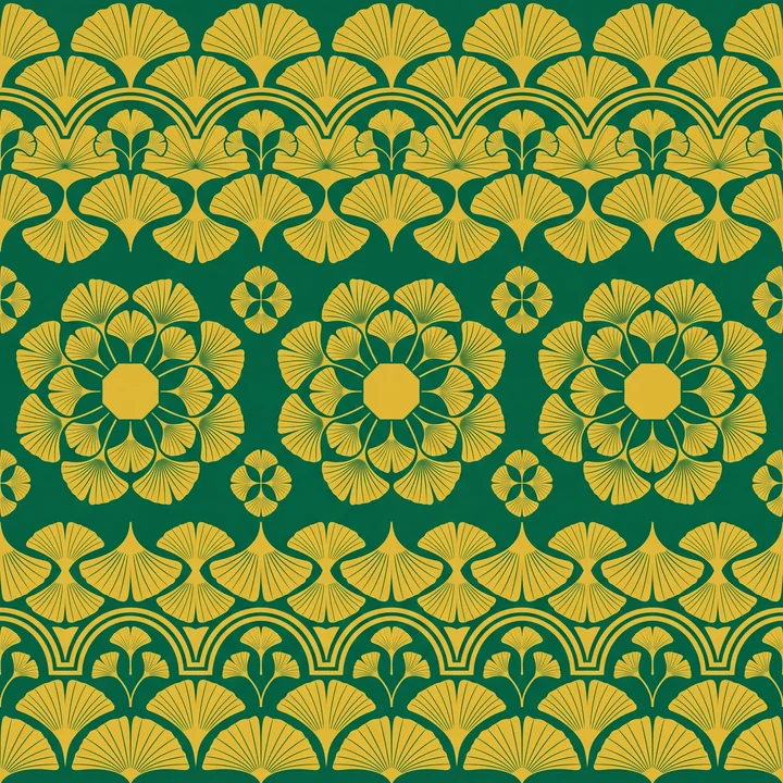Gold ginkgo medallions and botanical bands on emerald green