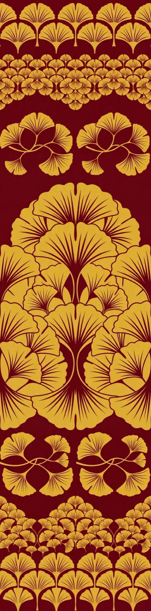 A repeating gold ginkgo botanical pattern on burgundy ground