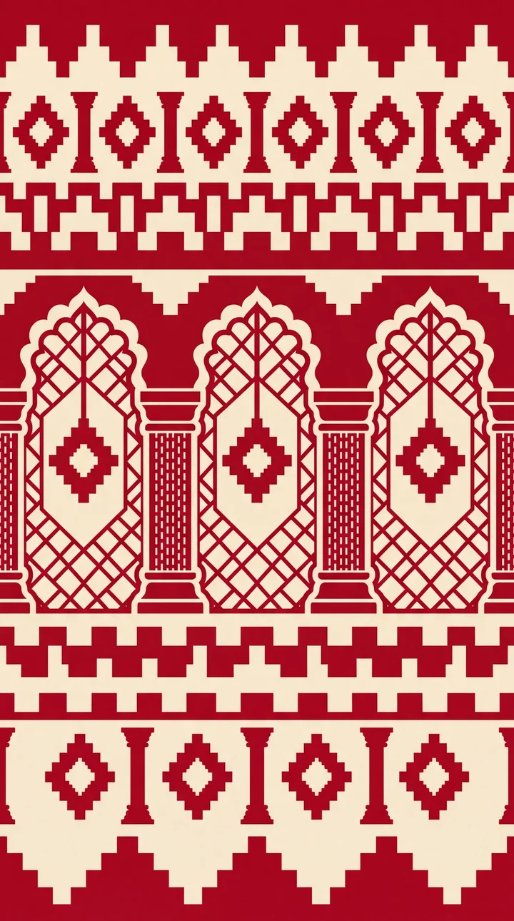 Red and ivory arches, lattices and interlocking geometric bands