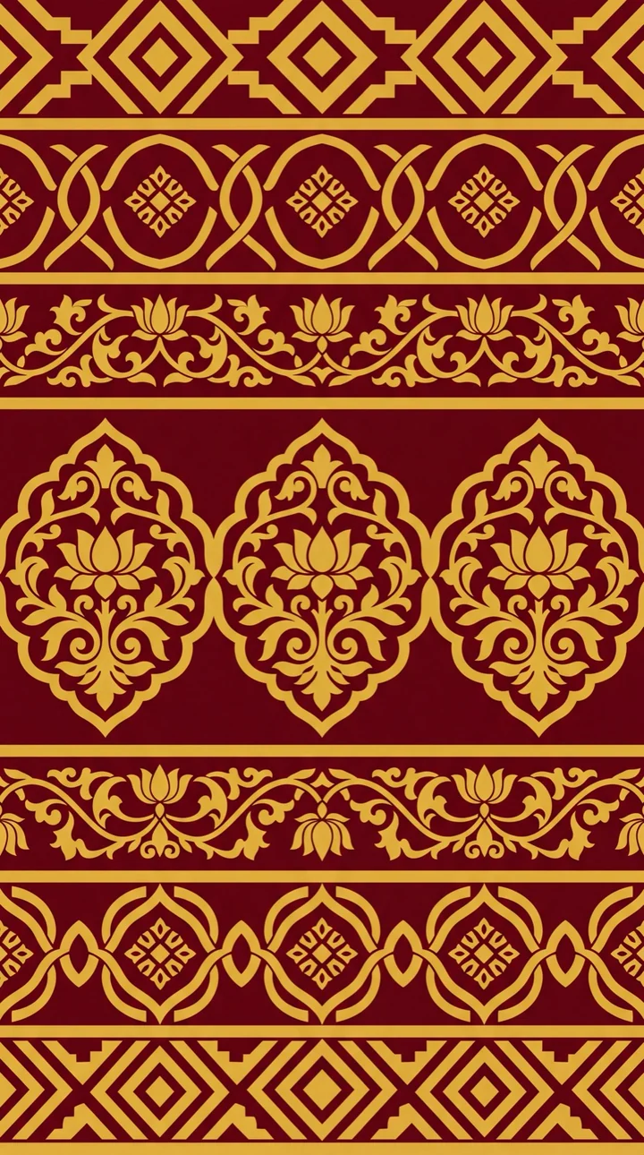Gold lotus medallions and botanical bands on a rich maroon saree pallu