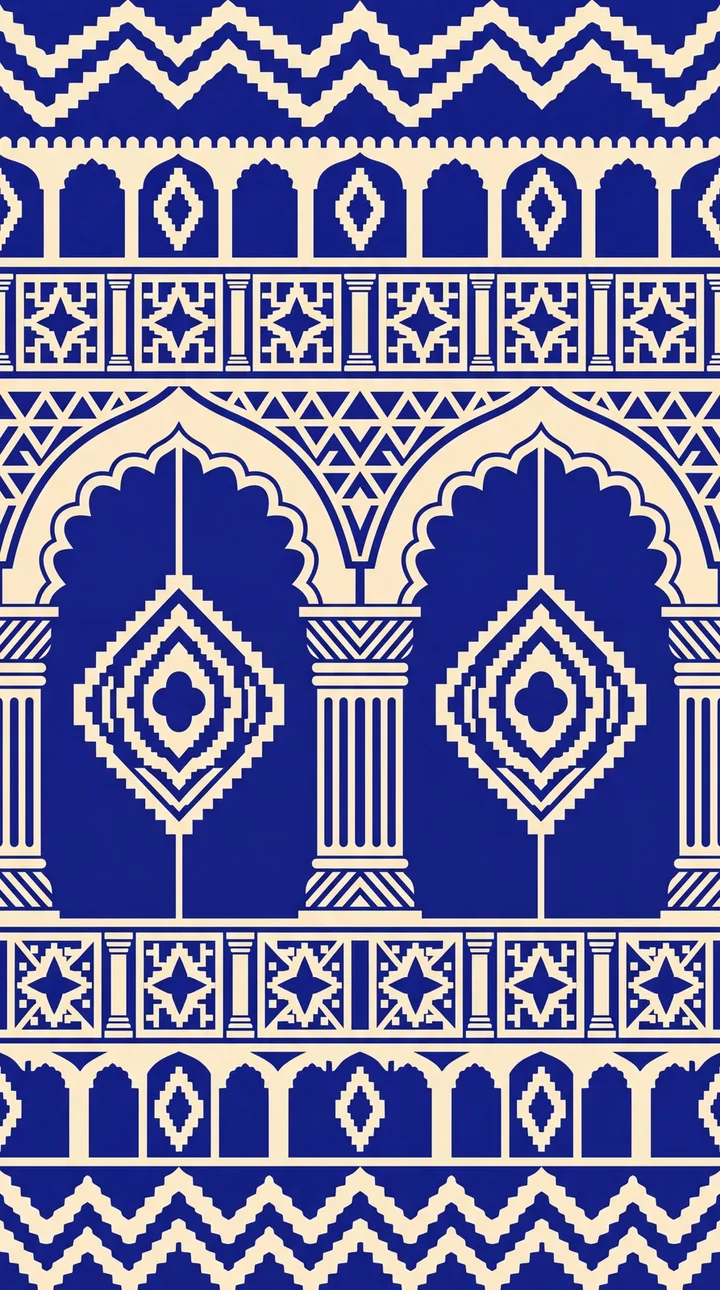 Cream architectural arches and stepped geometric bands on royal blue
