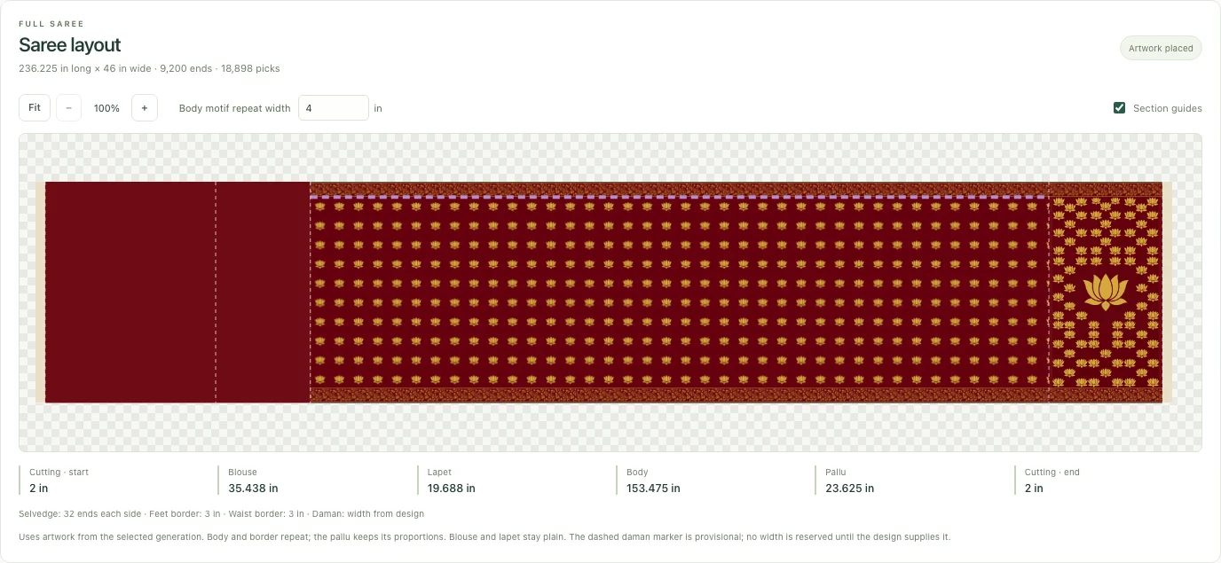 Actual horizontal saree artwork layout with repeating body motifs, pallu, borders and section guides