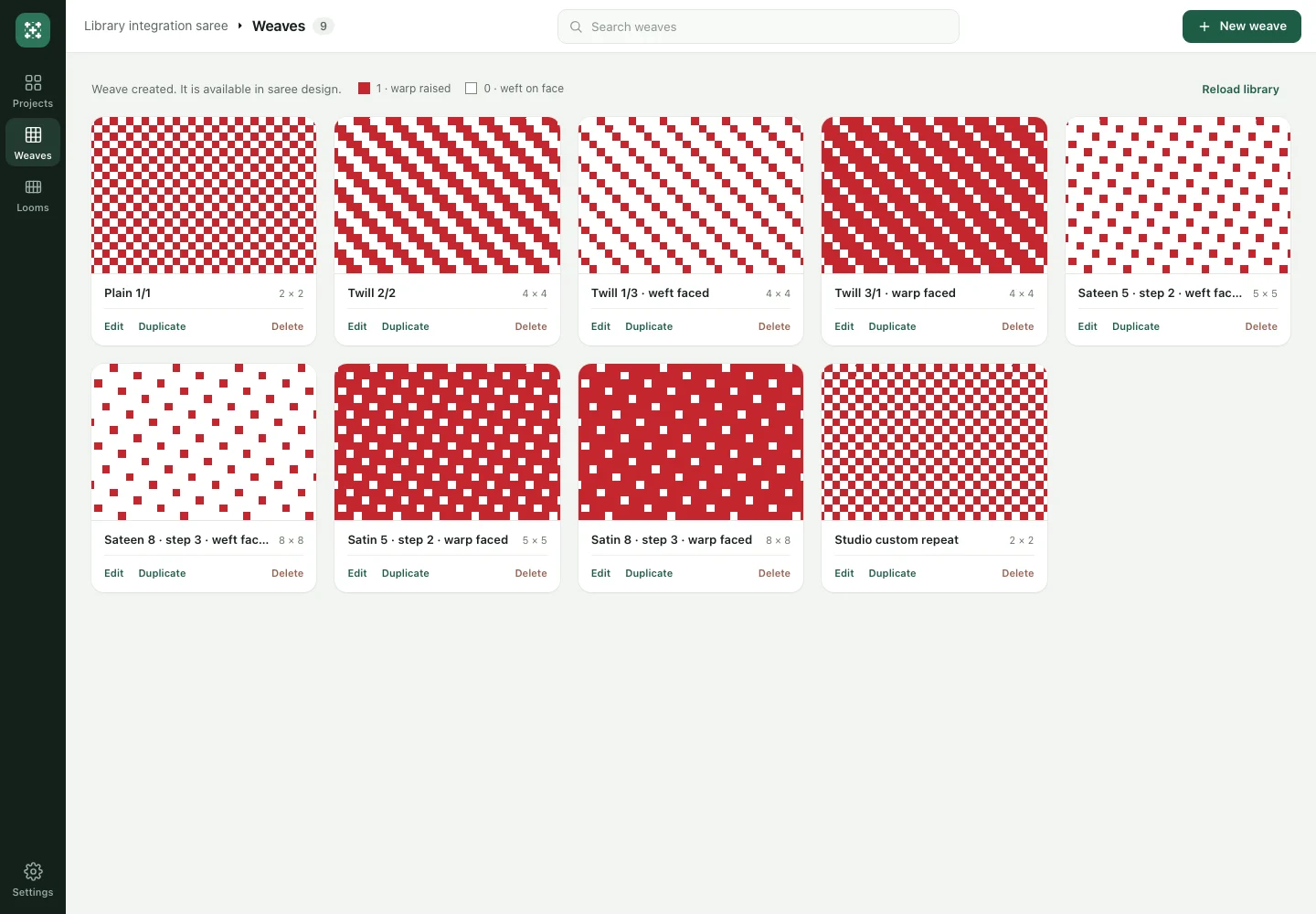 Actual Weave library showing plain, twill, satin, sateen and custom repeat tiles