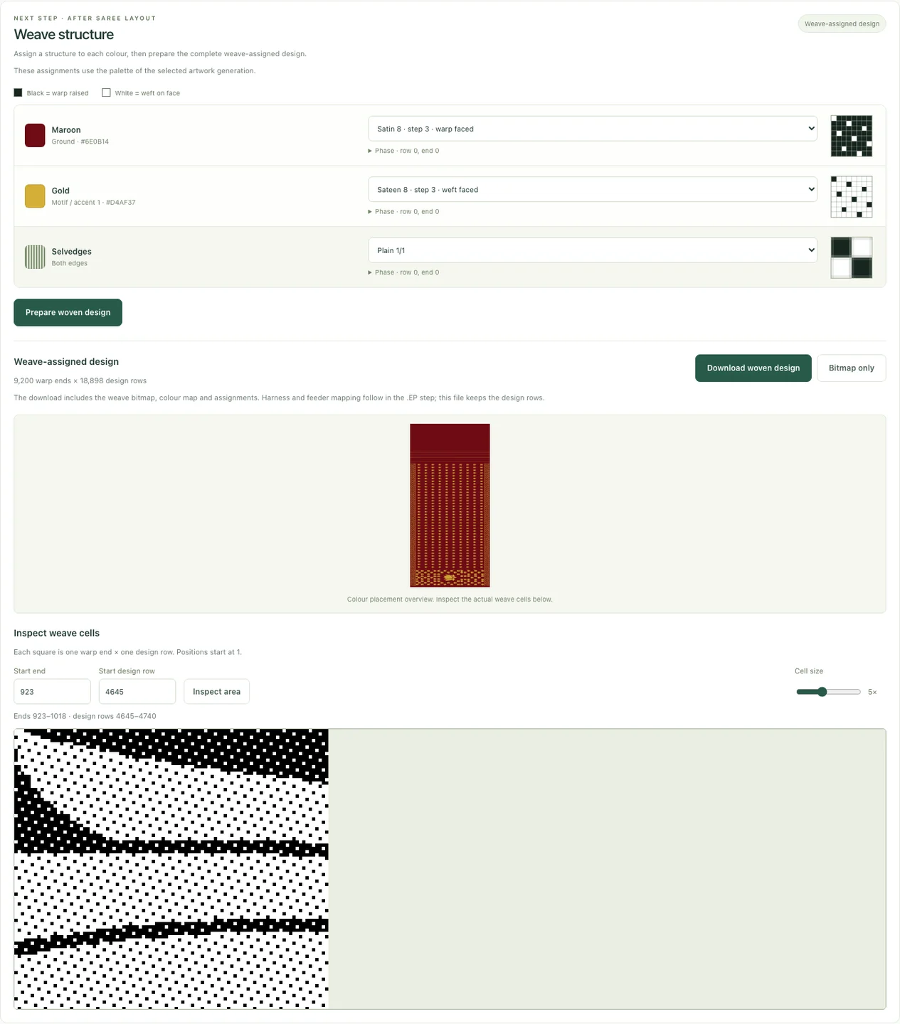 Actual woven design preparation view showing colour assignments and a saree overview
